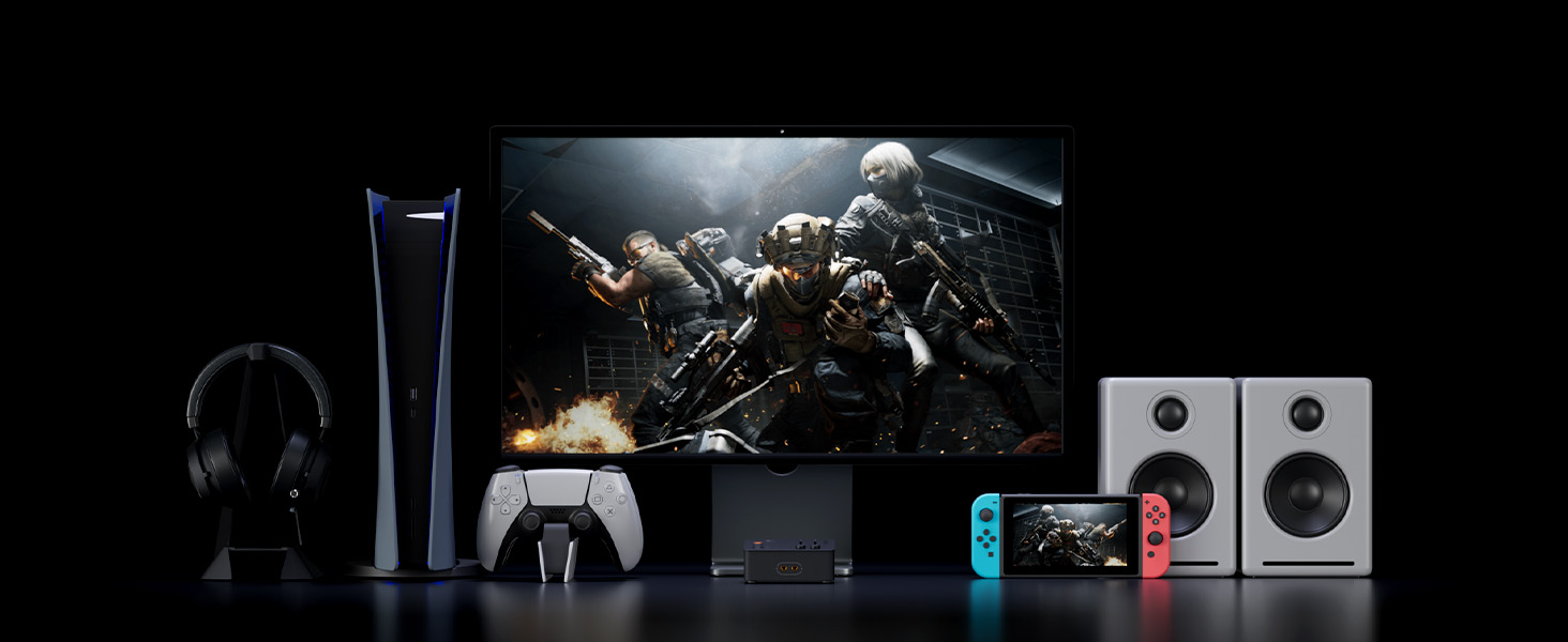 Fosi Audio C3 współpracujący z komputerem PS5 i Nintendo Switch